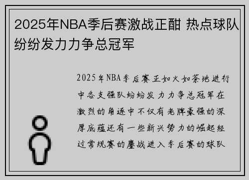 2025年NBA季后赛激战正酣 热点球队纷纷发力力争总冠军