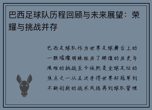巴西足球队历程回顾与未来展望：荣耀与挑战并存