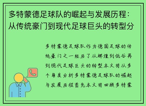 多特蒙德足球队的崛起与发展历程：从传统豪门到现代足球巨头的转型分析