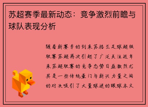 苏超赛季最新动态：竞争激烈前瞻与球队表现分析
