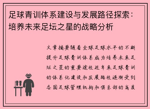 足球青训体系建设与发展路径探索：培养未来足坛之星的战略分析