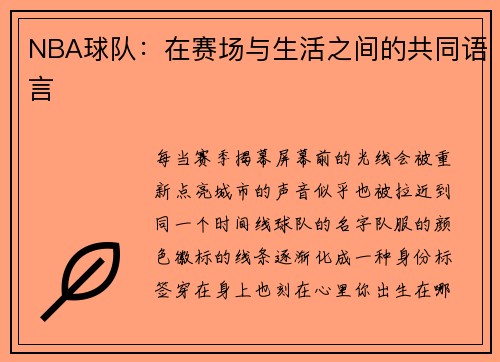 NBA球队：在赛场与生活之间的共同语言